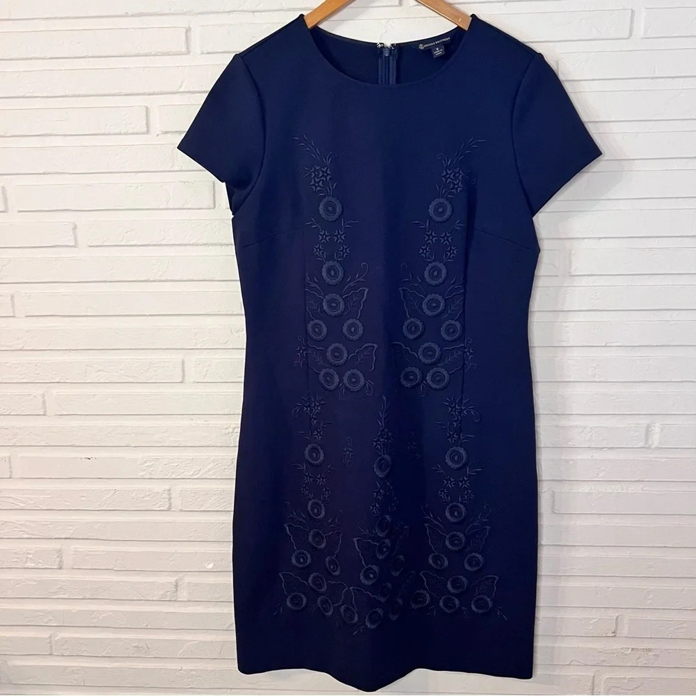 Brooks Brothers Navy Blue Embroidered Floral Knee Length Dress, Women’s Size 8